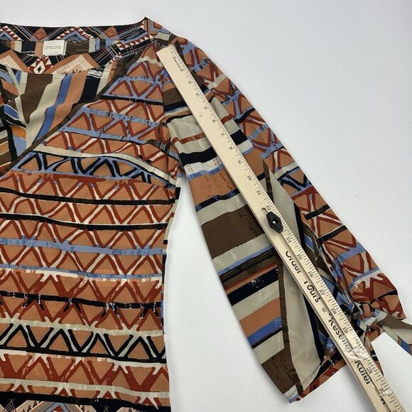 Chico's Multicolor Geometric Chiffon Blouse 3/4 Sleeve Boat Neck Sz S (Chicos 0) - Picture 4 of 14